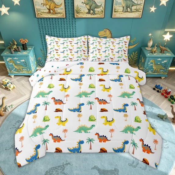 Feelyou Jungle Rock Dinosaur Queen Comforter Set for Kids Boys Girls, Tropical Coconut Palm Bedding Comforter Set, White, Polkadot Reversible, 3 Pieces