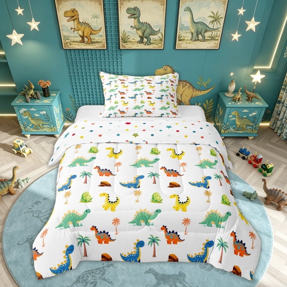 Feelyou Jungle Rock Dinosaur Twin Comforter Sets for Kids Boys Girls, Tropical Coconut Palm Bedding Set, White, Polkadot Reversible, 2 Pieces