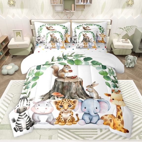 Feelyou Jungle Squirrel Animal Bedding Comforter Set 7pcs, Cartoon Cheetah Elephant Zebra Lover King Bedding Sets, Teens Kids Boys Girls Reversible Bed Sheets, Microfiber Bedroom Decor