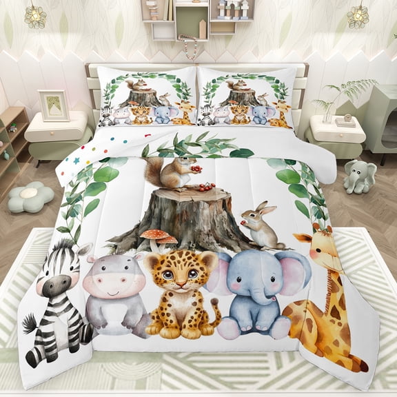 Feelyou Jungle Squirrel Animal Queen Comforter Set, Cartoon Cheetah Elephant Zebra Lover Bedding Sets, Teens Kids Boys Girls Reversible Bedding Comforter Set, Microfiber Bedroom Decor, 3-Piece