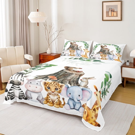 Feelyou Jungle Squirrel Animal Twin Sheet Sets, Cartoon Cheetah Elephant Zebra Lover Twin Fitted Sheet, Teens Kids Boys Girls Flat Sheet, Microfiber Bedroom Decor, 3-Piece