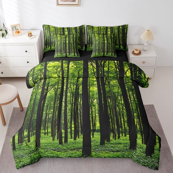 Feelyou Jungle Tree Bedding Comforter Set 7-Piece, Nature Plant Botanical King Bedding Sets, Teens Boys Girls Kids Reversible Bed Sheets, Microfiber Bedroom Decor