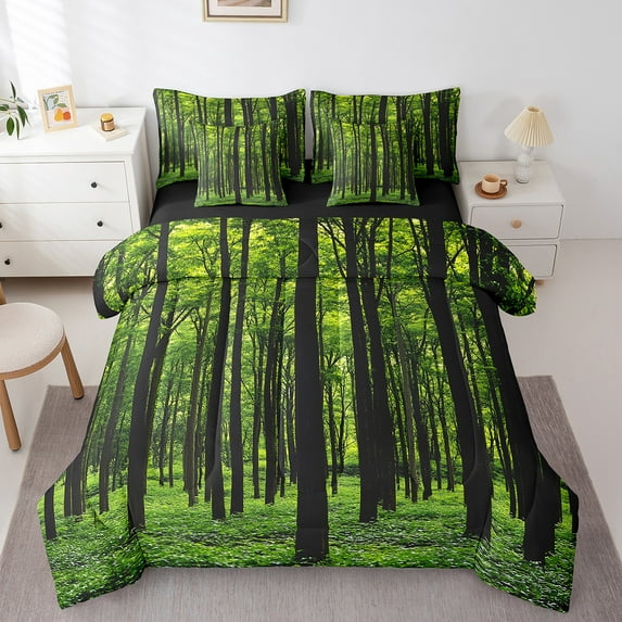Feelyou Jungle Tree Bedding Comforter Set 7 Pieces, Nature Plant Botanical Full Bedding Set, Teens Boys Girls Kids Reversible Fitted Sheet Flat Sheet, Microfiber Bedroom Decor