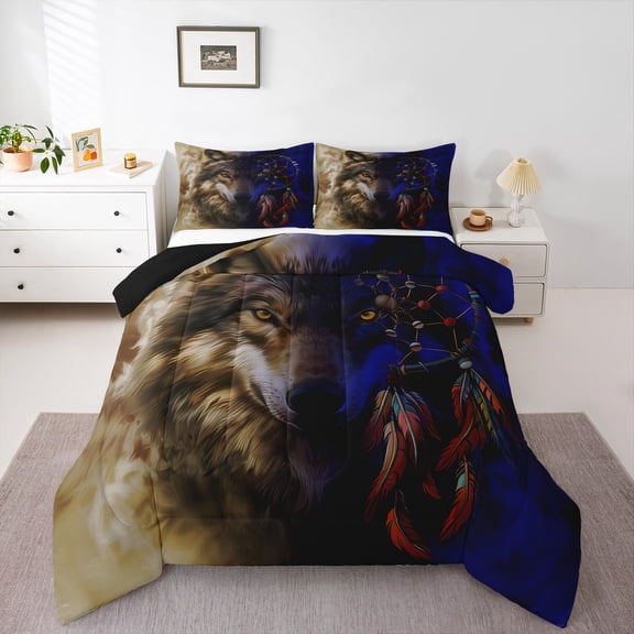 Feelyou Jungle Western Wolf Full Size Comforter Sets for Kids, Rustic Dreamcatcher Bedding Comforter Set, Woodland Animal Reversible Bedding Sets, Super Cozy Room Decor, 3pcs