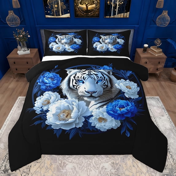 Feelyou Jungle White Tiger Bedding Comforter Set, Blue Rose Flower Twin Comforter Sets, Couple Lover Men Women Reversible Bedding Set, Microfiber Bedroom Decor, 2-Piece