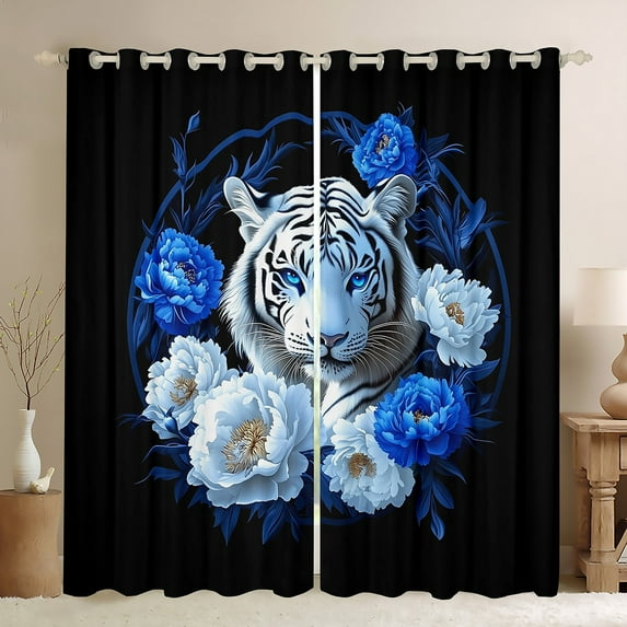Feelyou Jungle White Tiger Blackout Curtains Set of 2 (52x84 Each), Blue Rose Flower Window Curtains, Couple Lover Men Women Curtains and Drapes, Window Curtains Decor