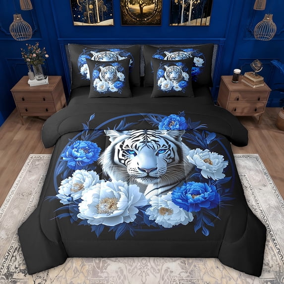 Feelyou Jungle White Tiger Twin Bedding Sets 7-Piece, Blue Rose Flower Bedding Comforter Set, Couple Lover Men Women Reversible Sheet Sets, Microfiber Bedroom Decor