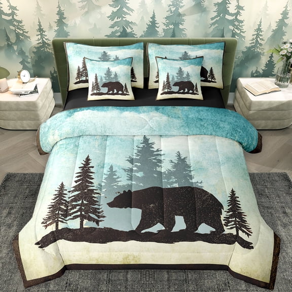 Feelyou Jungle Wildlife Bear Bedding Comforter Set 7pcs, Rustic Tree Plaid King Bedding Sets, Farmhouse Animal Reversible Bed Sheets, Luxury Bedroom Decor