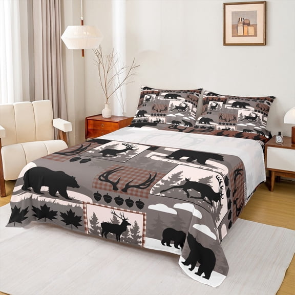 Feelyou Jungle Wildlife Teens Twin Sheet Sets, Rustic Bear Deer Twin Fitted Sheet, Farmhouse Hunting Theme Flat Sheet, Luxury Bedroom Decor, 3 Pieces