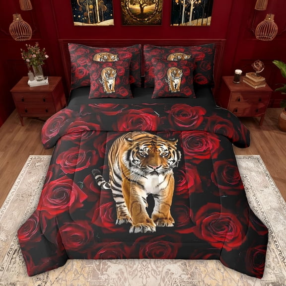 Feelyou Wildlife Tiger Twin Bedding Set, Romantic Black Red Rose Kid Comforter Set, 7pcs