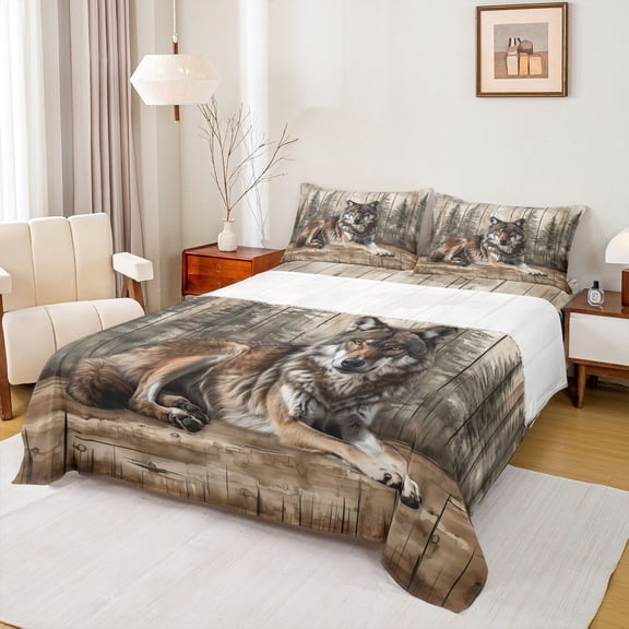 Feelyou Jungle Wildlife Wolf Bed Sheets, Countryside Animal King Sheets, Rustic Wooden Plank Sheet Set, Microfiber Bedroom Decor, 4 Pieces