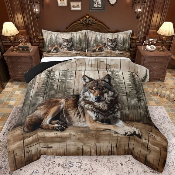 Feelyou Jungle Wildlife Wolf Bedding Comforter Set, Countryside Animal Twin Comforter Sets, Rustic Wooden Plank Reversible Bedding Set, Microfiber Bedroom Decor, 2 Pieces