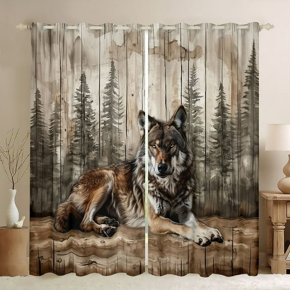 Feelyou Jungle Wildlife Wolf Black Out Curtains, Countryside Animal Curtains Pack of 2 (42x63 Each), Rustic Wooden Plank Bedroom Curtains, Blackout Curtains Bedroom Decor