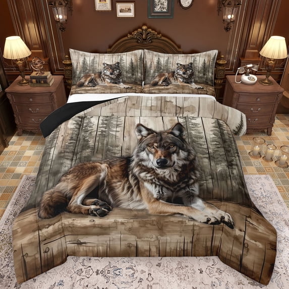 Feelyou Jungle Wildlife Wolf Queen Comforter Set, Countryside Animal Bedding Sets, Rustic Wooden Plank Reversible Bedding Comforter Set, Microfiber Bedroom Decor, 3 Pieces