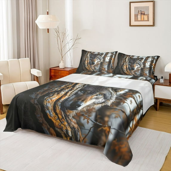 Feelyou Jungle Wolf Animal Queen Sheet Sets, Tree Plant Botancial Bed Set, 4pcs