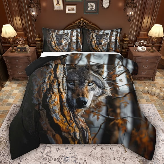 Feelyou Jungle Wolf Animal Twin Comforter Sets, Tree Plant Botancial Bedding Set, 2pcs