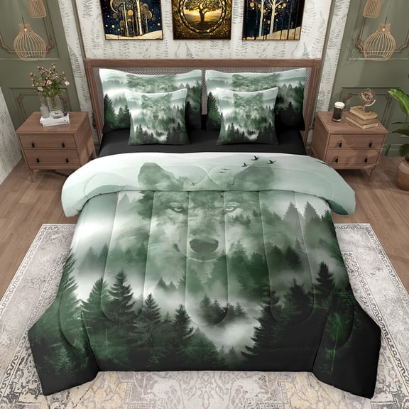 Feelyou Jungle Wolf Bedding Comforter Set 7pcs, Farmhouse Nature Scenery Full Bedding Set