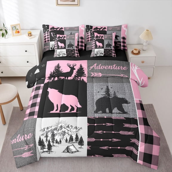 Feelyou Jungle Wolf Bedding Comforter Set 7pcs, Grey Pink King Bedding Sets