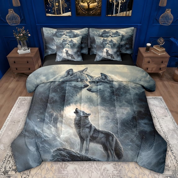 Feelyou Jungle Wolf Family Bedding Comforter Set 7pcs for Kids, Rustic Wildlife King Bedding Sets, Woodland Animal Reversible Bed Sheets, Ultra Soft Bedroom Decor