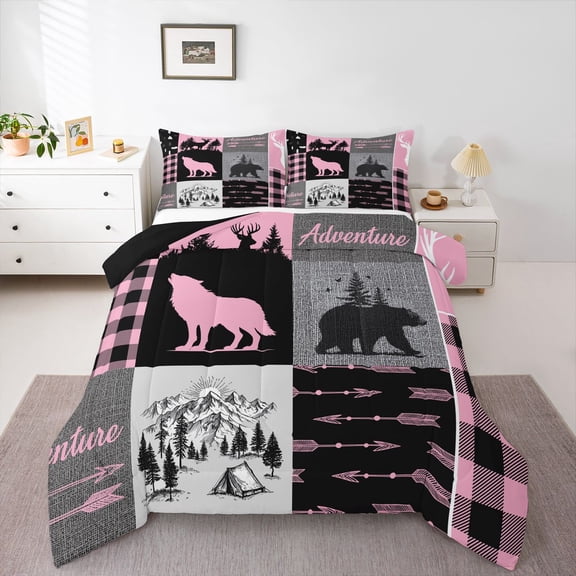 Feelyou Jungle Wolf Queen Comforter Set, Grey Pink Bedding Comforter Set, 3-Piece