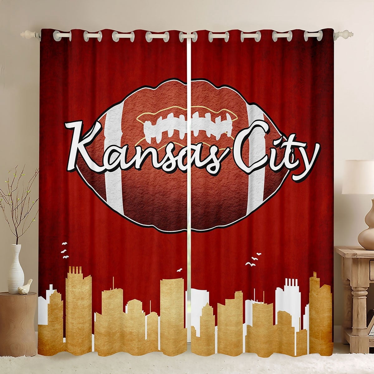 Feelyou Kansas City Silhouette Curtains Pack of 2 (42x84 Each), American Football Print Curtains Blackout, Rugby Sport Bedroom Curtains