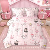 Feelyou Kawaii Angel Pig Twin Bedding Sets 7-Piece for Child, Cute Princess Bedding Comforter Set, Girly Pink Cartoon Animal Reversible Sheet Sets, Breathable Home Decor