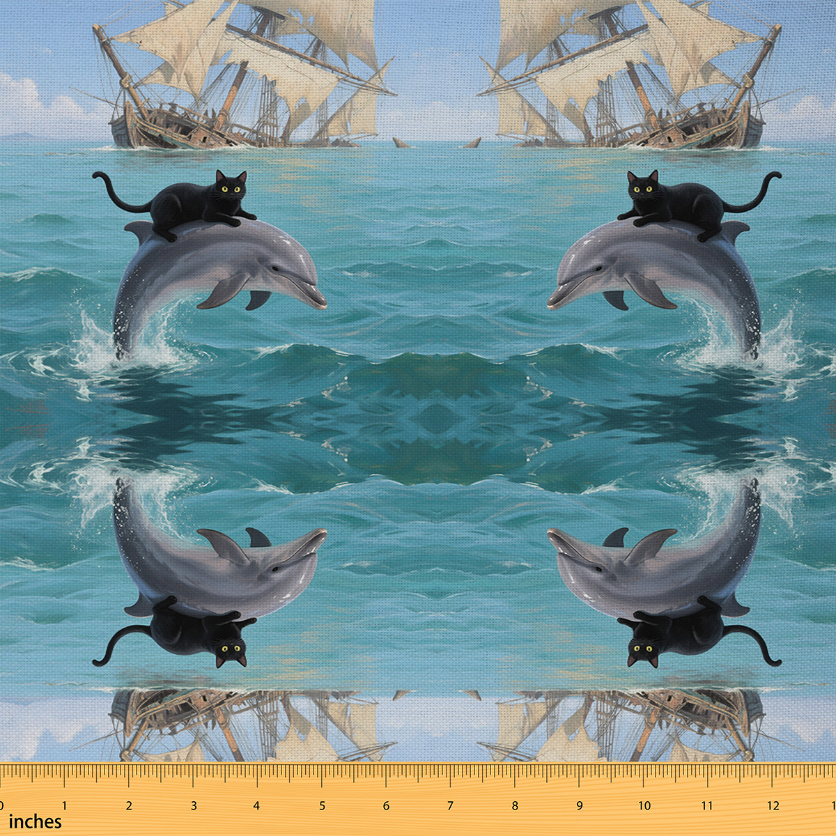 Feelyou Kawaii Animal Fabric by the Yard 5 Yards, Cat Riding Dolphin ...