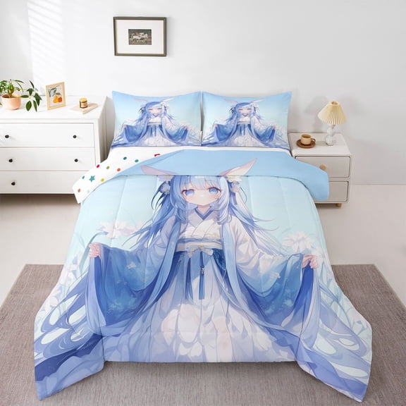 Feelyou Kawaii Anime Girl Full Size Comforter Sets, Japanese Blue Bedding Sets, 3 Pieces