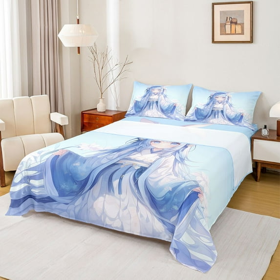 Feelyou Kawaii Anime Girl Full Size Sheets, Japanese Style Blue Bed Sheets, 4 Pieces