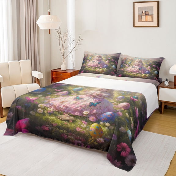 Feelyou Kawaii Anime Princess Bed Sheets for Kid, Cartoon Easter Eggs King Sheets, Sprint Butterfly Floral Sheet Set, Ultra Soft Bedroom Decor, 4-Piece
