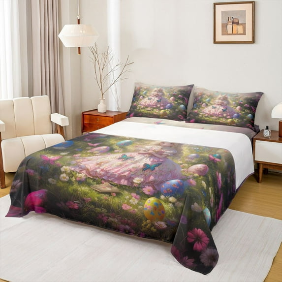Feelyou Kawaii Anime Princess Twin Sheet Sets for Kid, Cartoon Easter Eggs Twin Fitted Sheet, Sprint Butterfly Floral Flat Sheet, Ultra Soft Bedroom Decor, 3-Piece