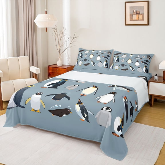 Feelyou Kawaii Antarctic Penguin Bed Sheets, Cute Cartoon Animal King Sheets, Teens Kids Girls Boys Sheet Set, Breathable Home Decor, 4pcs