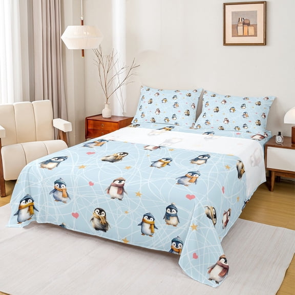Feelyou Kawaii Antarctic Penguin Bed Sheets, Stars Love Heart King Sheets, Stripe Line Abstract Sheet Set, Lightweight Room Decor, 4 Pieces