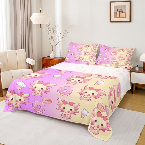 Feelyou Kawaii Axolotl Child Twin Sheet Sets, Yummy Ice Cream Donut Twin Fitted Sheet, Cartoon Bowknot Animal Flat Sheet, Super Cozy Room Decor, 3 Pieces