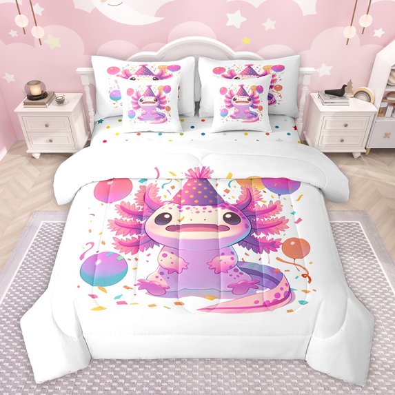 Feelyou Kawaii Axolotl Kids Twin Bedding Sets 7-Piece, Cartoon Pink Sealife Bedding Comforter Set, Happy Birthday Party Reversible Sheet Sets, Ultra Soft Bedroom Decor