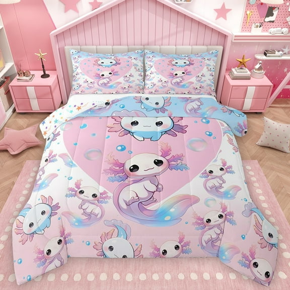 Feelyou Kawaii Axolotl Teens Bedding Comforter Set, Pink Blue Dreamy Animal Twin Comforter Sets, Cartoon Love Heart Reversible Bedding Set, Microfiber Bedroom Decor, 2 Pieces