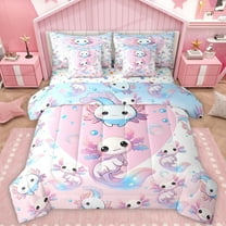 Feelyou Kawaii Axolotl Teens Twin Bedding Sets 7-Piece, Pink Blue Dreamy Animal Bedding Comforter Set, Cartoon Love Heart Reversible Sheet Sets, Microfiber Bedroom Decor