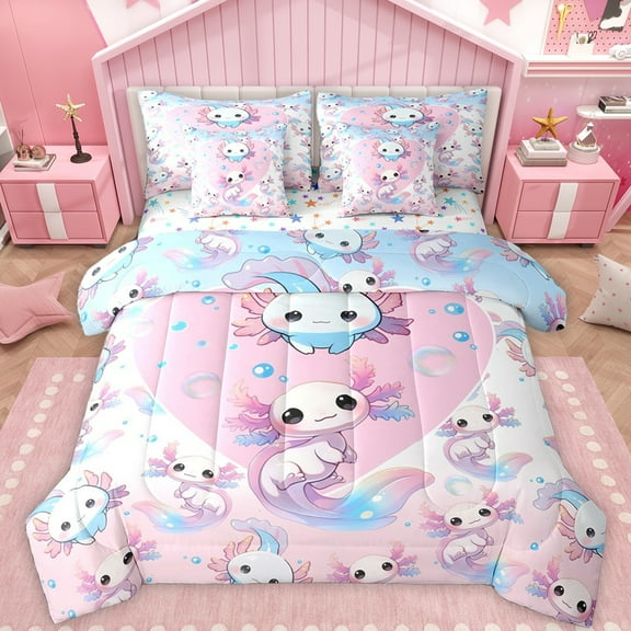 Feelyou Kawaii Axolotl Teens Twin Bedding Sets 7-Piece, Pink Blue Dreamy Animal Bedding Comforter Set, Cartoon Love Heart Reversible Sheet Sets, Microfiber Bedroom Decor