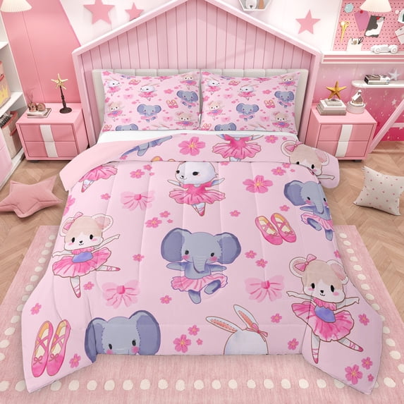 Feelyou Kawaii Ballet Animal Queen Comforter Set, Cute Elephant Rabbit Bear Bedding Sets, Princess Pink Bowknot Reversible Bedding Comforter Set, Microfiber Bedroom Decor, 3pcs