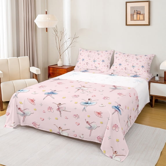 Feelyou Kawaii Ballet Dance Bed Sheets for Kids, Fairy Tale Princess King Sheets, Cute Dreamy Cartoon Sheet Set, Luxury Bedroom Decor, 4-Piece