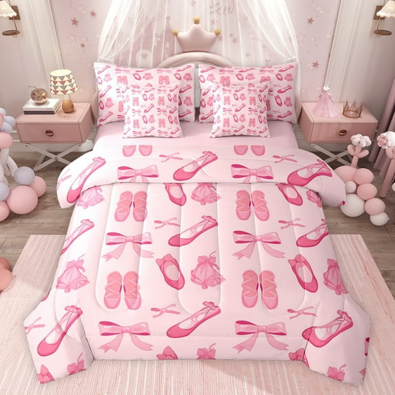 Feelyou Kawaii Ballet Dancer Twin Bedding Sets 7-Piece, Pink Princess Shose Bedding Comforter Set, Dreamy Bowknot Ribbon Reversible Sheet Sets, Super Cozy Room Decor