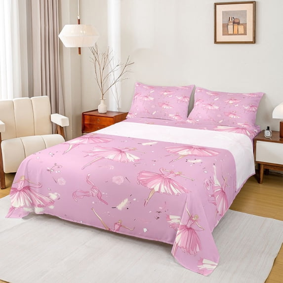 Feelyou Kawaii Ballet Girl Full Size Sheets, Pink Princess Bowknot Bed Sheets, Pink Romantic Rose Sheet Sets, Super Cozy Room Decor, 4-Piece