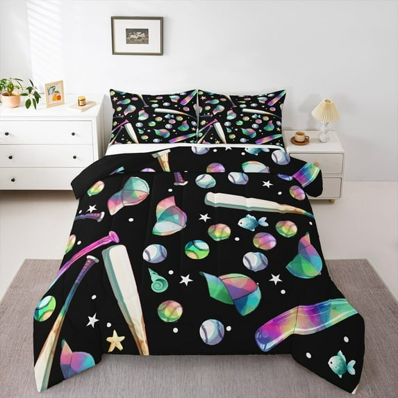 Feelyou Kawaii Baseball Print Queen Comforter Set, Cartoon Stars Seashell Fish Bedding Sets, Cute Cartoon Reversible Bedding Comforter Set, Super Cozy Room Decor, 3 Pieces
