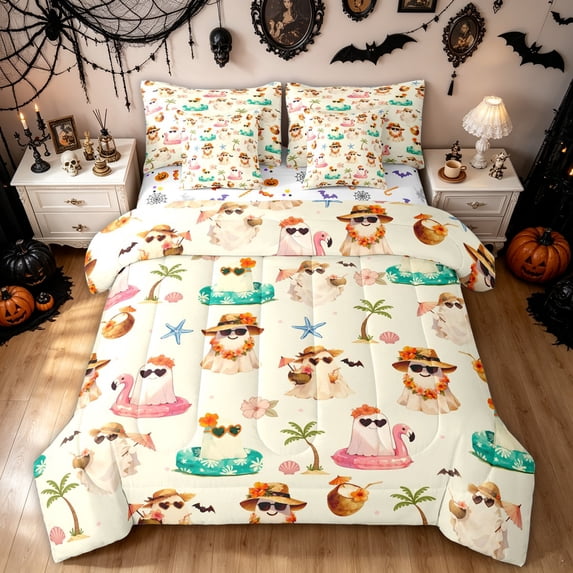 Feelyou Kawaii Beach Ghost Flamingo Twin Bedding, Summer Coconut Tree Bedding Comforter Set, Halloween Reversible, 7 Pieces