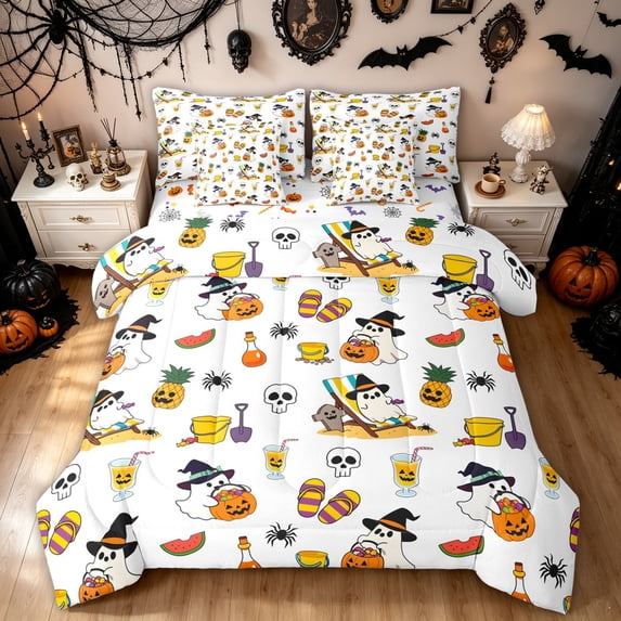 Feelyou Kawaii Beach Ghost Full Size Bedding Sets, Cartoon Skull Full Size Bed in a Bag, White Orange, Halloween Reversible, 7pcs