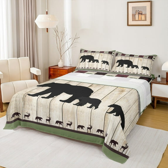 Feelyou Kawaii Bear Family Queen Sheet Sets, Rustic Wooden Cabin Flat Sheet, Woodland Animal Wildlife Queen Fitted Sheet, Breathable Home Decor, 4-Piece