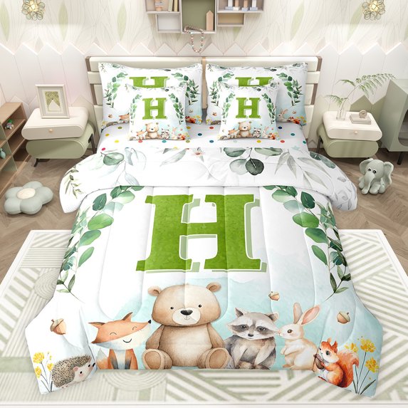 Feelyou Kawaii Bear Rabbit Bedding Comforter Set 7pcs, Watercolor Cartoon Animal King Bedding Sets, Initial H Letter Theme Reversible Bed Sheets, Microfiber Bedroom Decor