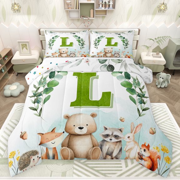 Feelyou Kawaii Bear Rabbit Bedding Comforter Set, Watercolor Cartoon Animal Twin Comforter Sets, Initial L Letter Theme Reversible Bedding Set, Lightweight Room Decor, 2-Piece