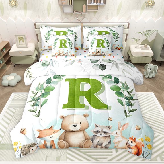 Feelyou Kawaii Bear Rabbit Twin Bedding Sets 7-Piece, Watercolor Cartoon Animal Bedding Comforter Set, Initial R Letter Theme Reversible Sheet Sets, Lightweight Room Decor