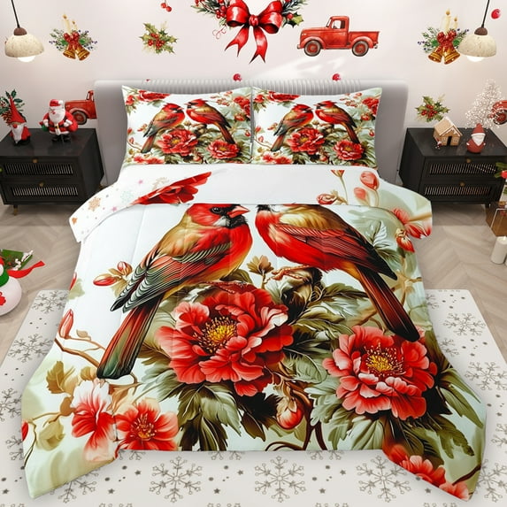 Feelyou Kawaii Bird Animal Bedding Comforter Set for Teens, Merry Christmas Twin Comforter Sets, Flower Plant Botanical Reversible Bedding Set, Microfiber Bedroom Decor, 2pcs